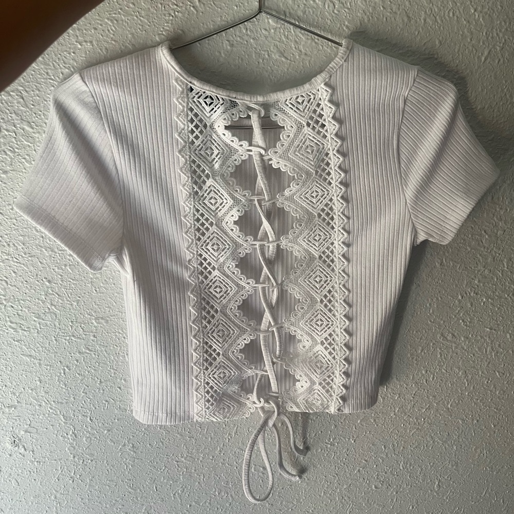 White Short Sleeve Crop Top w/ Lace Back Detail